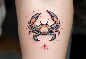 A tiny crab outlined in black anchors the Cancer star constellation traced in twinkling pastel stars. tattoo idea