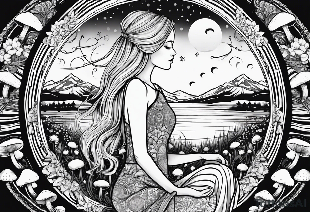 Straight blonde hair girl holding mushrooms in hand meditating facing away toward mountains surrounded by mushrooms crescent moon mandala circular design black and white striped dress tattoo idea