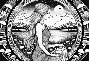 Straight blonde hair girl holding mushrooms in hand meditating facing away toward mountains surrounded by mushrooms crescent moon mandala circular design black and white striped dress tattoo idea