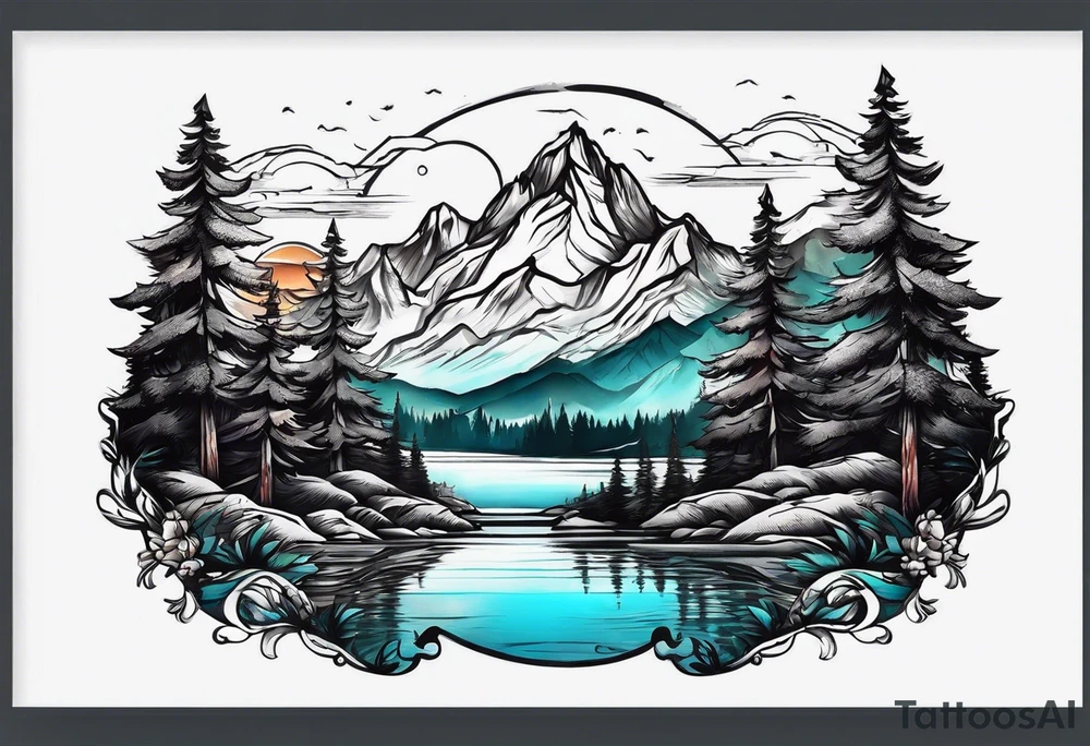 Mountains with water and name Caiden and Sawyer tattoo idea