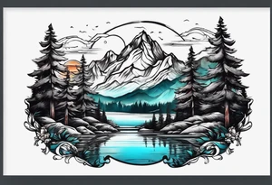 Mountains with water and name Caiden and Sawyer tattoo idea