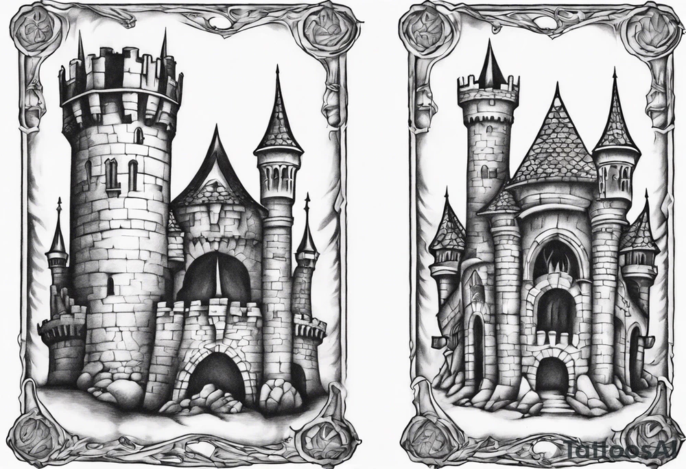 a short, completely horizontal passage linking the top of two medieval towers together tattoo idea