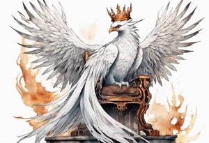 a white phoenix wearing rusty iron crown perched on a throne tattoo idea