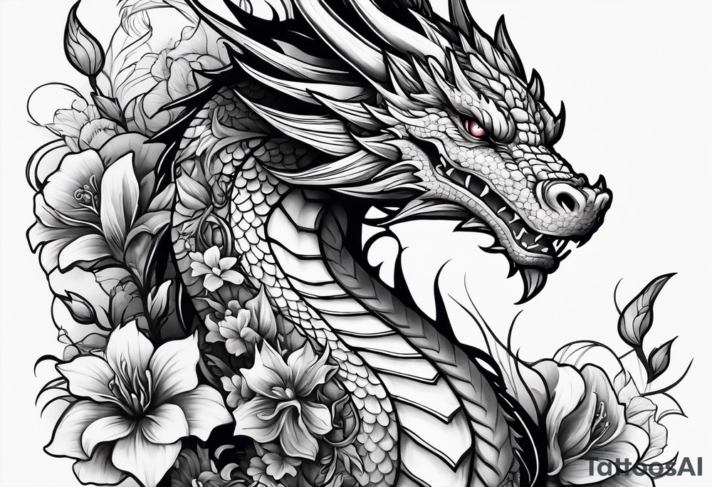 Dragon on forearm with vines and flowers tattoo idea