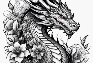 Dragon on forearm with vines and flowers tattoo idea