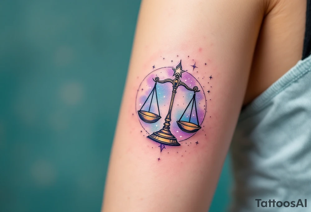 A subtle ombre effect from turquoise to plum fades behind the Libra star constellation and finely drawn balancing scales. tattoo idea