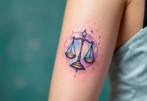 A subtle ombre effect from turquoise to plum fades behind the Libra star constellation and finely drawn balancing scales. tattoo idea