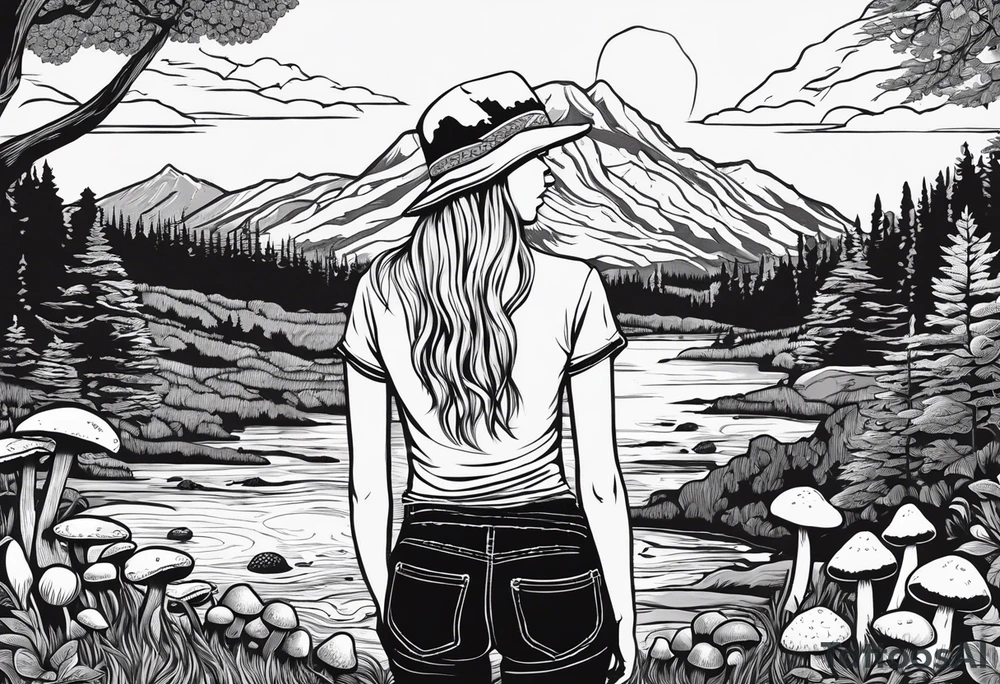 Whole picture encircled fully

Straight long blonde hair hippie girl in distance holding mushrooms in hand facing away toward mountains and creek surrounded by mushrooms tee shirt and hiking pants; whole rendering within a full circle, no cut off circle tattoo idea