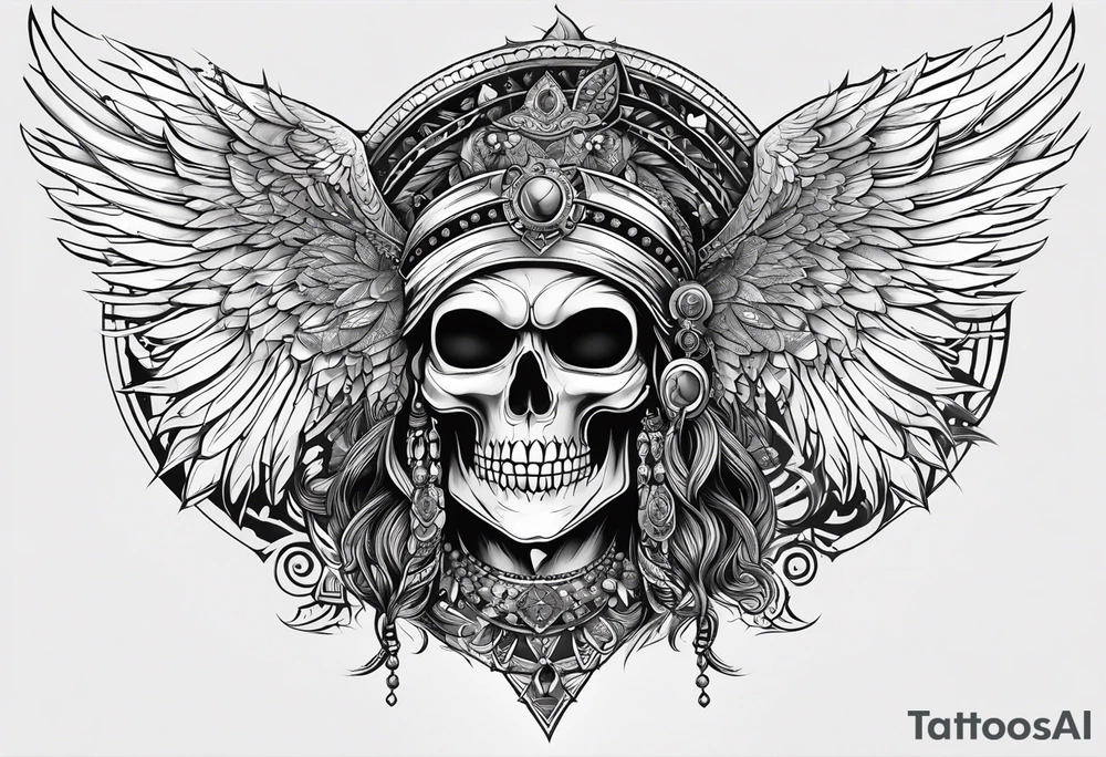 black kali, goddess pirate, alien, pachamama, valkrye, warrior, skull, lotus azul, wing, eagle, zenza resonance, stars, 5D tattoo idea