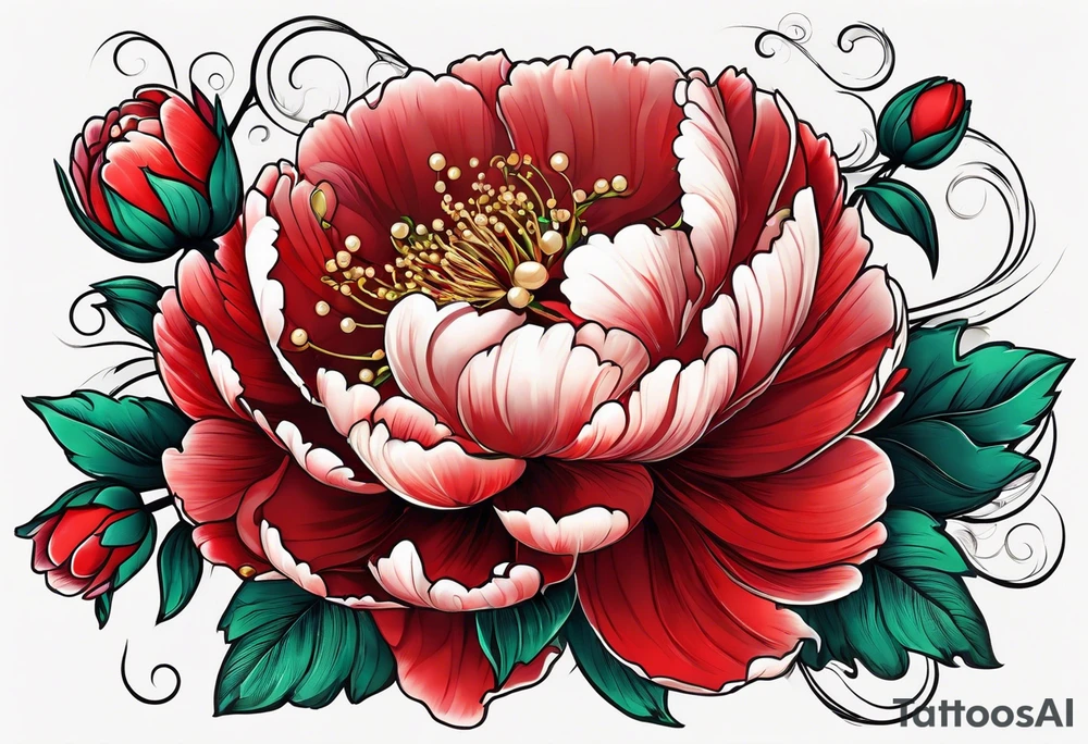 Red peony with pearls dangling and bunny tattoo idea