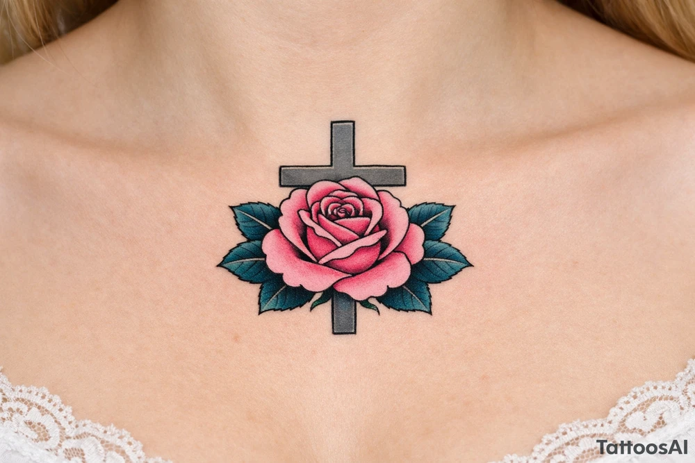 Pink rose , petrol leaves no stem, 
 cross behind it, cross is grey, cross is solid and has straight lines, vertical line is longer tattoo idea