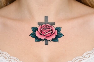 Pink rose , petrol leaves no stem, 
 cross behind it, cross is grey, cross is solid and has straight lines, vertical line is longer tattoo idea