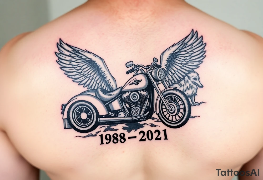Dale Earnhardt car on it with the year 1958 - 2021 intertwined with a motorcycle on it with guardian angel wolves tattoo idea