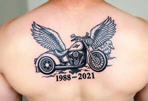 Dale Earnhardt car on it with the year 1958 - 2021 intertwined with a motorcycle on it with guardian angel wolves tattoo idea