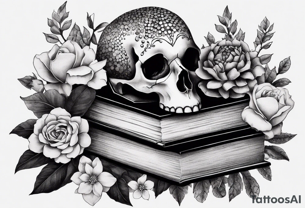 feminine tattoo of stacked books and flowers with a snake and skull tattoo idea