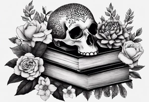 feminine tattoo of stacked books and flowers with a snake and skull tattoo idea
