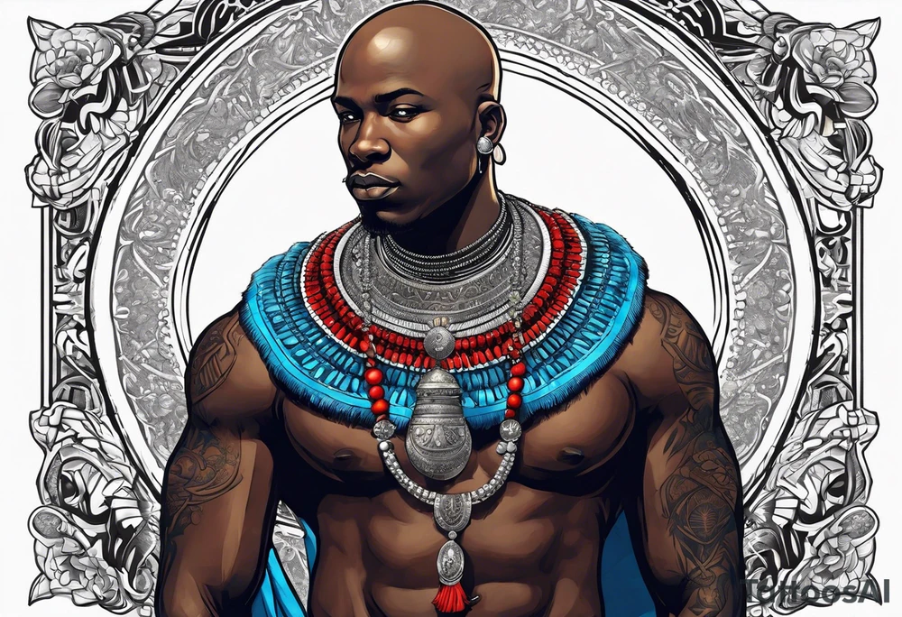 Black-skinned bald african warrior. He wears  a small silver crown. He wears two simple necklaces: one blue, other red. tattoo idea
