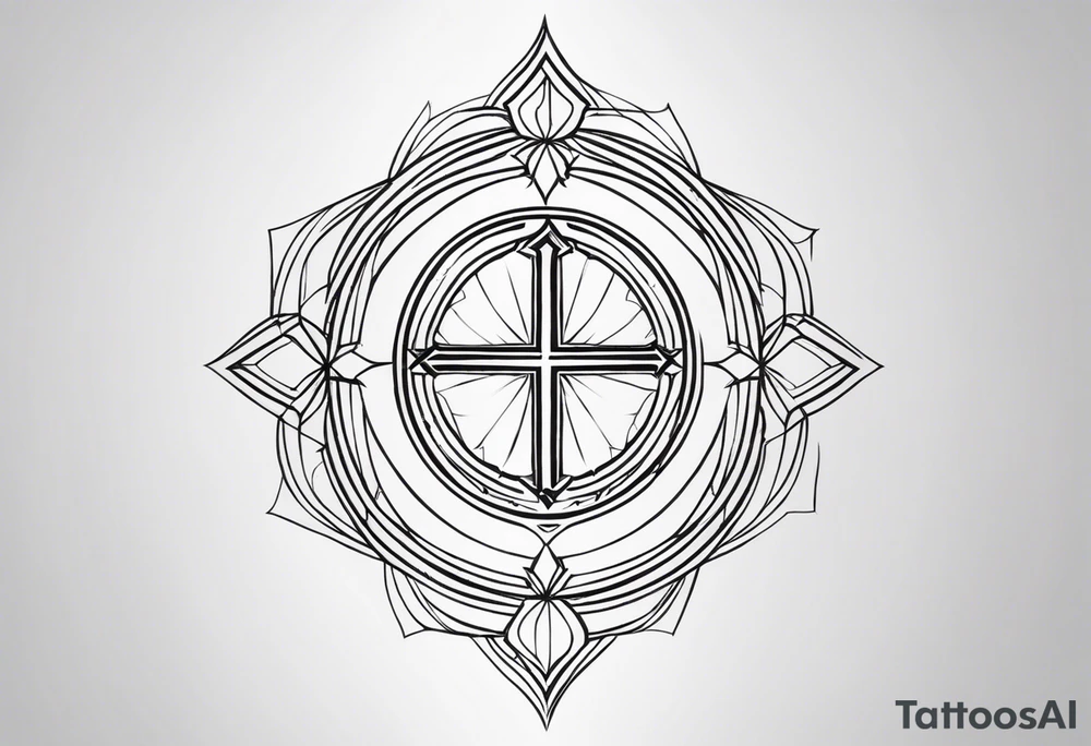 Geometric Tattoo: A refined cross with a soft halo on top of it, symbolizing light and spirituality. Delicate rays extend outward from the halo, adding a subtle glow and depth. The cross itself is simple and elegant, with potential for small, intricate line details within the design. Style: Geometric tattoo idea