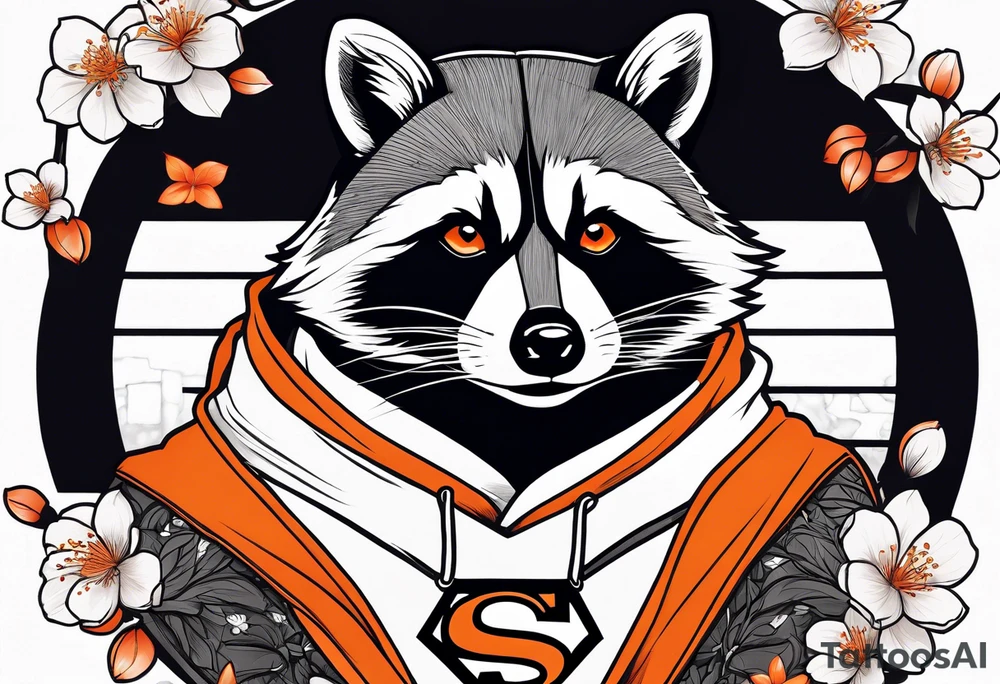 Raccoon wearing a white Superman logo on a black hoodie and orange Japanese cherry blossoms tattoo idea