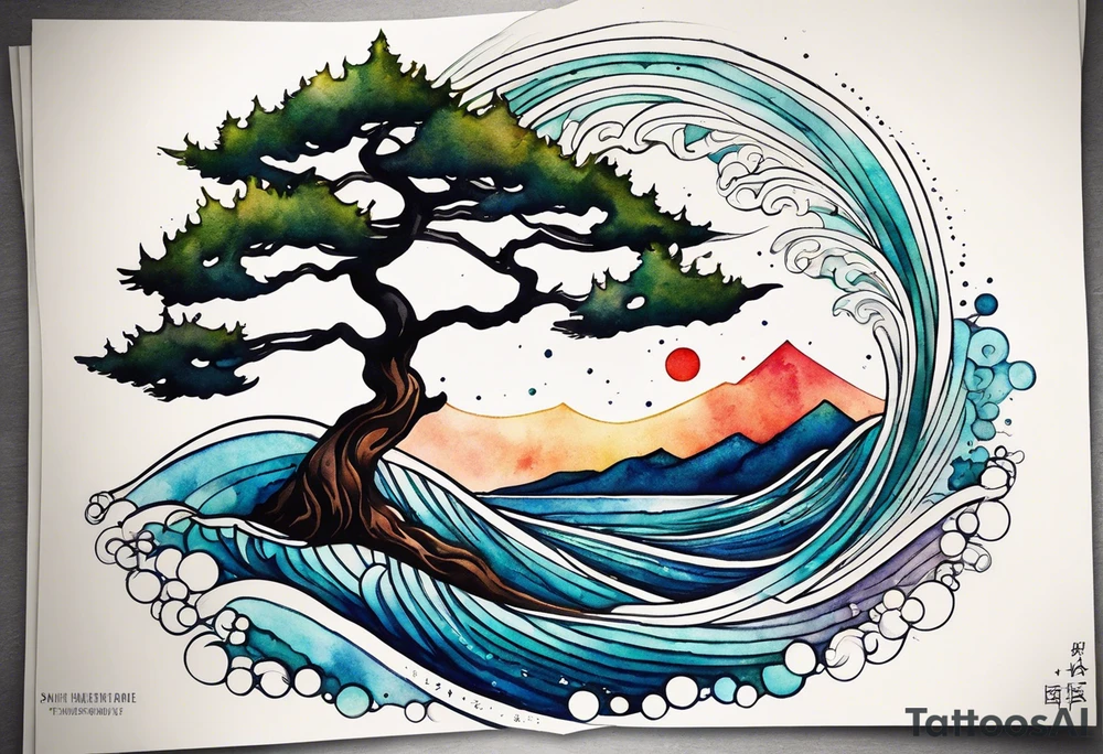 Spruce tree. Ocean waves incorporated.  The words “salt air” integrated into the design.  Geometric and abstract watercolor. tattoo idea