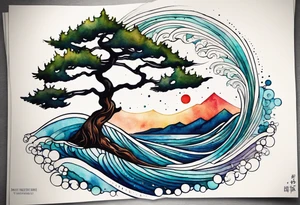 Spruce tree. Ocean waves incorporated.  The words “salt air” integrated into the design.  Geometric and abstract watercolor. tattoo idea