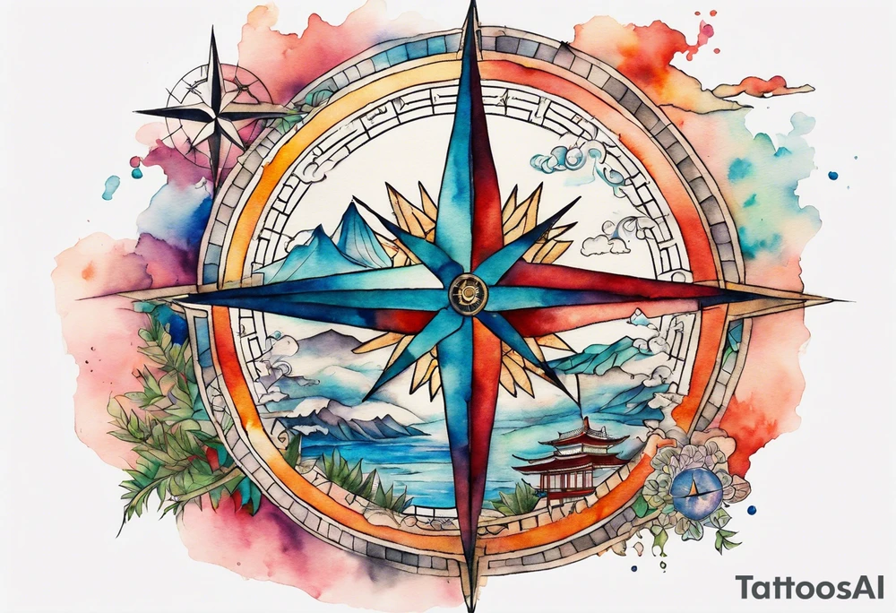Travel themed for thigh, compass rose overlaid with a landmarks in and around it, spilled watercolor and tiny C130 silhouette tattoo idea