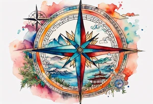 Travel themed for thigh, compass rose overlaid with a landmarks in and around it, spilled watercolor and tiny C130 silhouette tattoo idea