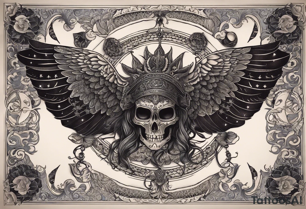 black kali, goddess pirate, alien, angel, pachamama, valkrye, warrior, flying, skull, lotus azul, wing, eagle, zenza resonance, stars, 5D, anahata chakra, death, durga, riding on a tiger, flying lady, kundalini, chest tatoo tattoo idea