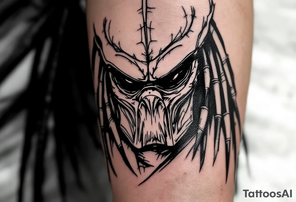 Ultimate Predator (Assassin Predator) – A towering genetically modified Yautja from The Predator (2018), standing 11 feet tall, with black armor-like skin, exposed muscle fibers, and no need for a bio-mask due to integrated targeting vision. tattoo idea