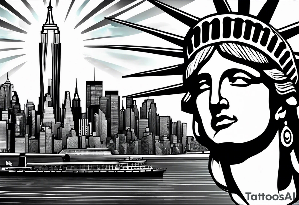 New york city skyline with Statute of liberty head in the background. White outline around head. Below the skyline in grafitti style text "NO QUIT" in the negative white space with shading around it. Put ice skating marks through the text and throughout the image tattoo idea