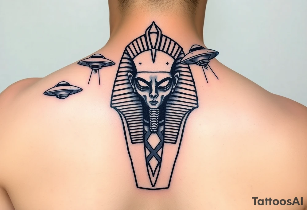 "Pharaoh's sarcophagus opening to reveal a grey alien. Floating UFOs are shaped Impalas (lowrider style).  

Style: Neo-traditional tattoo with glitch effects. Colors: turquoise/black/neon green." tattoo idea
