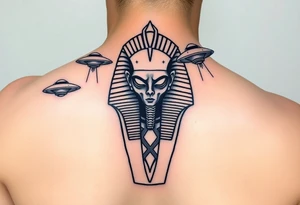 "Pharaoh's sarcophagus opening to reveal a grey alien. Floating UFOs are shaped Impalas (lowrider style).  

Style: Neo-traditional tattoo with glitch effects. Colors: turquoise/black/neon green." tattoo idea