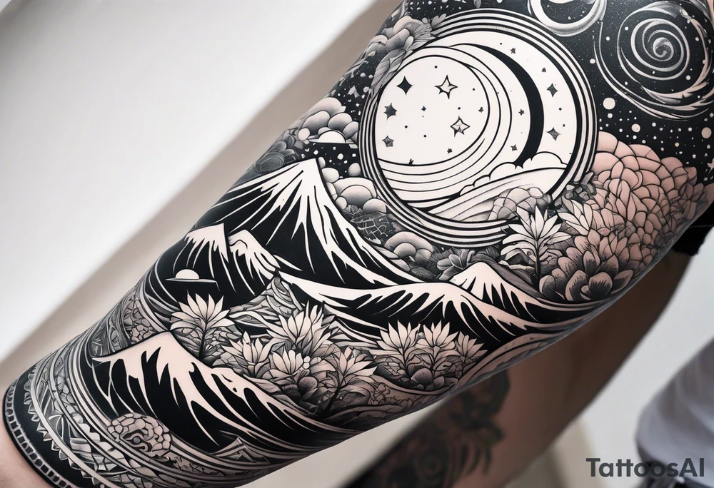 geometric arm sleeve tatoo, space, nature tattoo idea