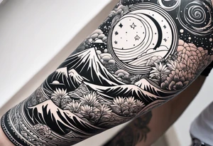 geometric arm sleeve tatoo, space, nature tattoo idea
