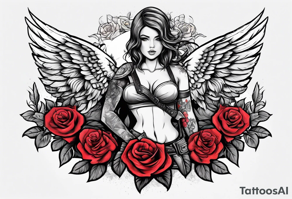 Beautiful angle standing with wings and tattoos surrounded by roses holding a ak 47 tattoo idea
