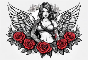 Beautiful angle standing with wings and tattoos surrounded by roses holding a ak 47 tattoo idea