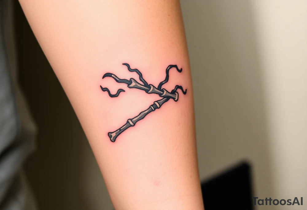 A Death Eater wand with a bone-like structure, emitting dark magical tendrils tattoo idea