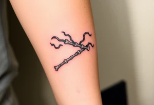 A Death Eater wand with a bone-like structure, emitting dark magical tendrils tattoo idea