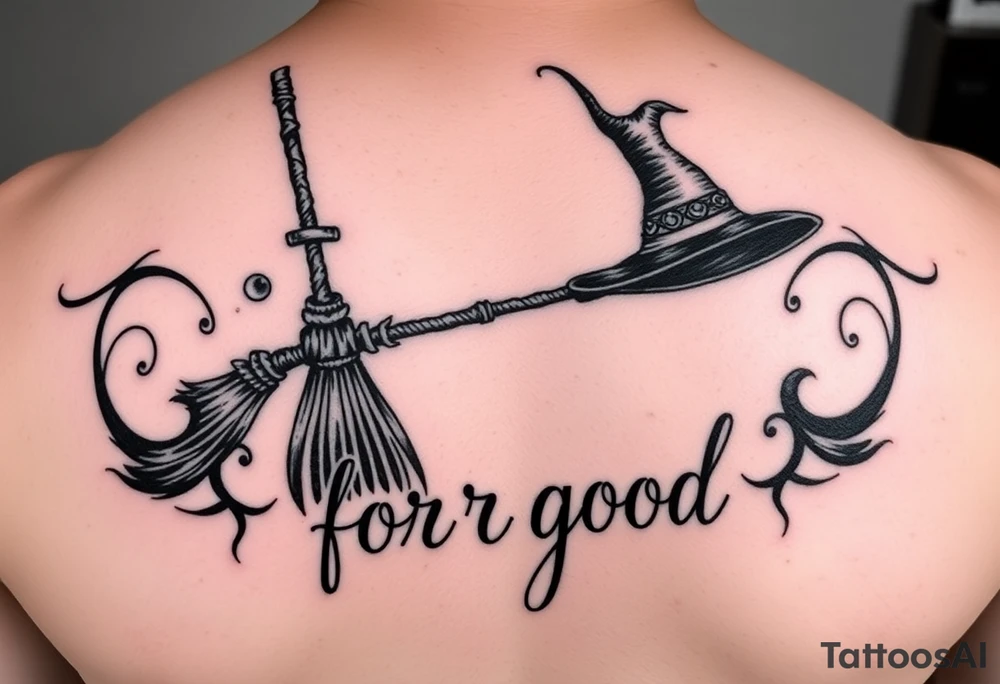 Wicked Broadway theme with a broom, witch hat, and wand. Then the lettering “for good” tattoo idea