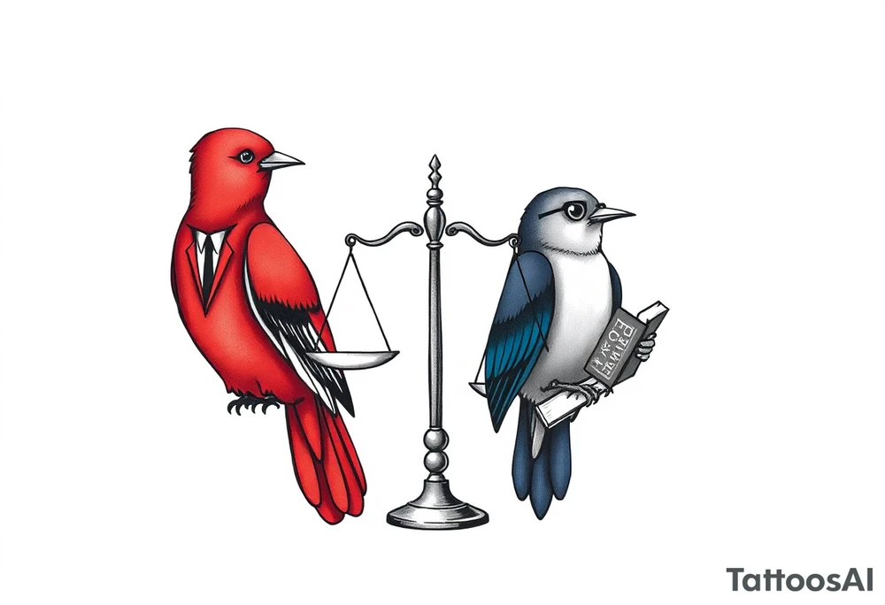 one of the birds red wearing a suit, other bird navy blue with glasses or holding a book, scales of justice built into a tree, starry night painting and mountain background tattoo idea