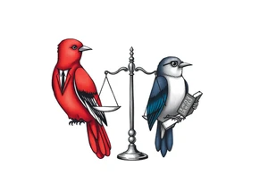 one of the birds red wearing a suit, other bird navy blue with glasses or holding a book, scales of justice built into a tree, starry night painting and mountain background tattoo idea