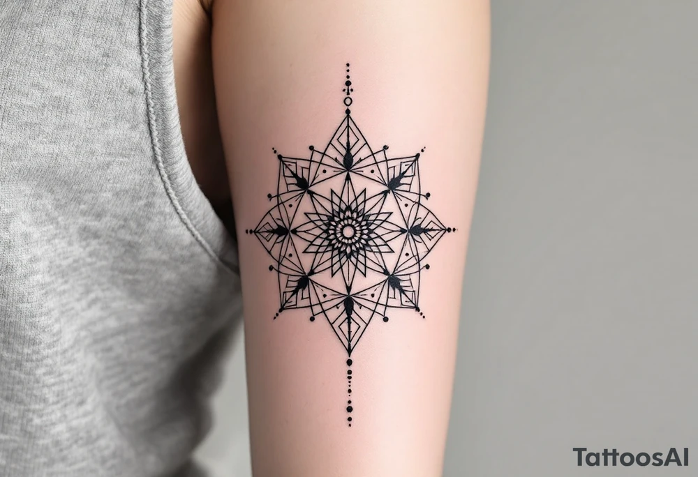 simple, minimalist tattoo, sacred geometry mandala, centerpiece design, dotwork patterns, radiating geometry, symmetrical mandala, geometric shapes, intricate dotwork, sacred patterns, mandala center, geometric radiating, fine line work, black grey shading, minimalist design, no outlines, arm placement, delicate linework, precise geometry, clean symmetry, sacred symbols, geometric precision, dotwork details, mandala focal point, refined patterns, understated complexity, geometric harmony, minimalist tattoo idea