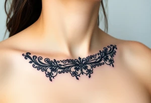 A black lace border wrapping around the collarbone, creating a sophisticated and timeless look tattoo idea