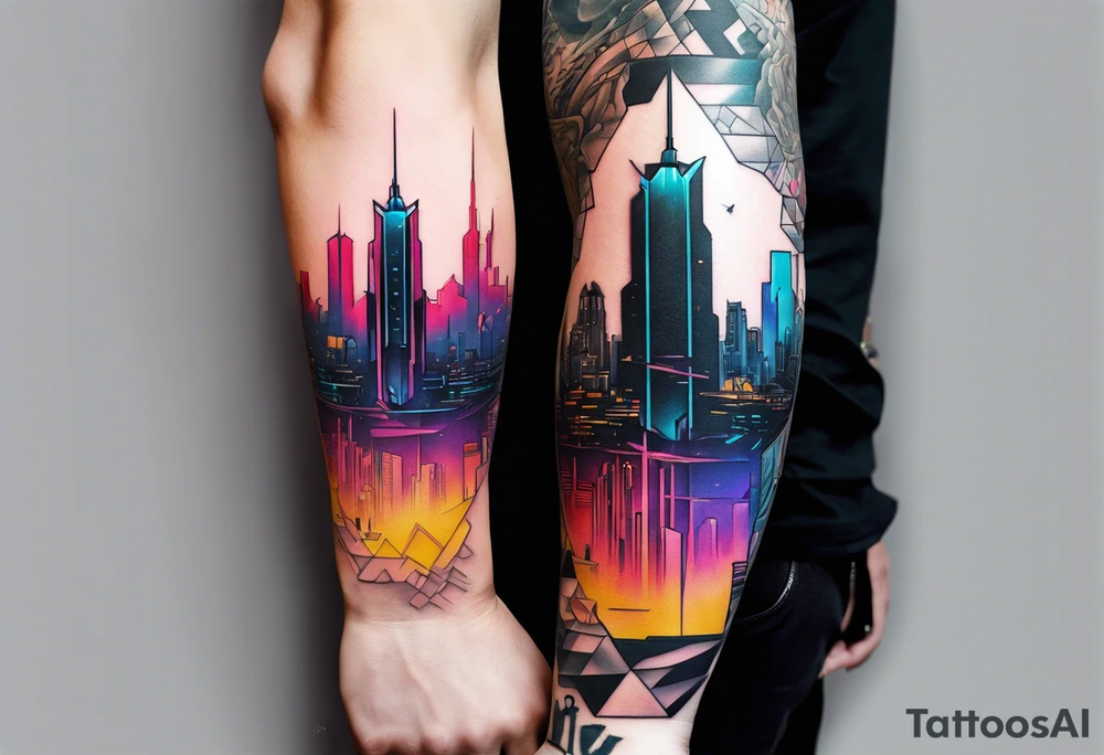 cyberpunk 2077, forearm tattoo, geometric, subtle, men, city skyline, bright colour, tattoo idea