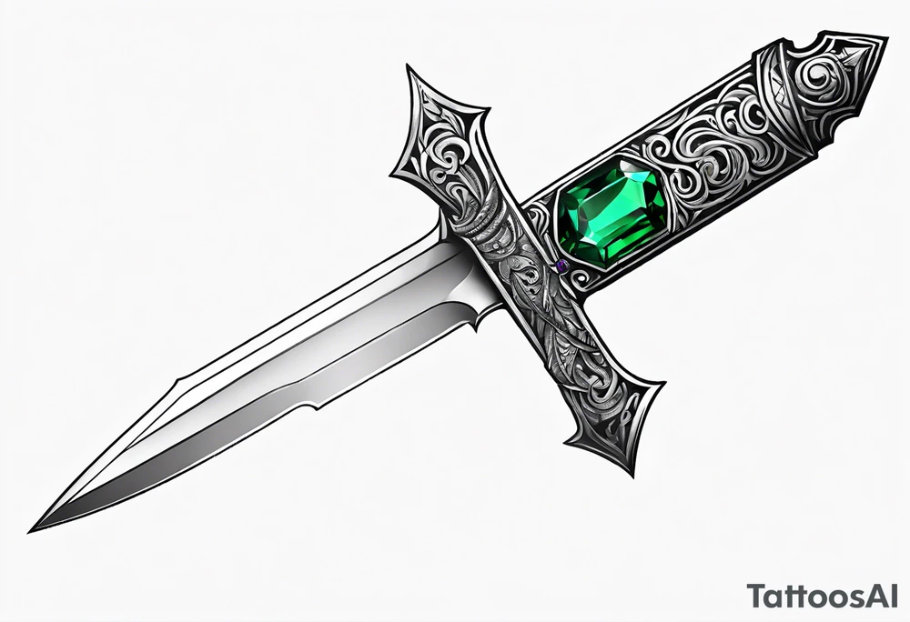An athame dagger with the hilt turned upward and an emerald gemstone on the hilt not on the blade tattoo idea