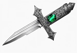 An athame dagger with the hilt turned upward and an emerald gemstone on the hilt not on the blade tattoo idea