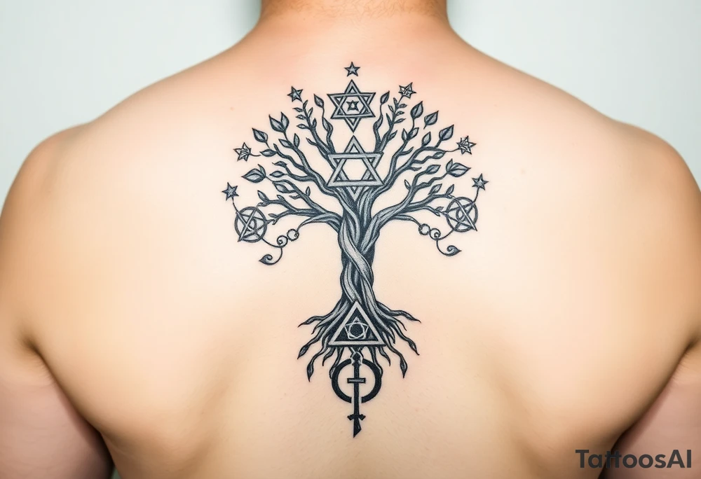 geometrical mystical tree of life with the star of David and cross cosmic roots and celestial symbols branches with HIV-positive symbol at bottom tattoo idea