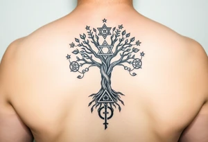 geometrical mystical tree of life with the star of David and cross cosmic roots and celestial symbols branches with HIV-positive symbol at bottom tattoo idea