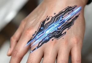 A futuristic chrome hand design with sapphire-blue lines tracing each finger like circuits. tattoo idea