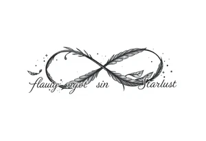 infinity symbol woven with floating feathers and stardust tattoo idea